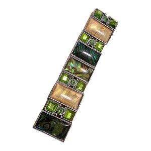 Vintage-Inspired Green & Gold Stretch Bracelet Abalone Shell & Rhinestone Accent